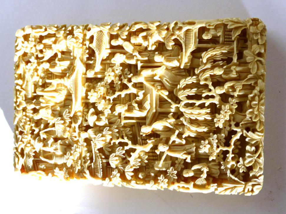 A Cantonese Ivory Card Case, mid 19th century, of rectangular form carved with figures amongst trees - Image 3 of 7