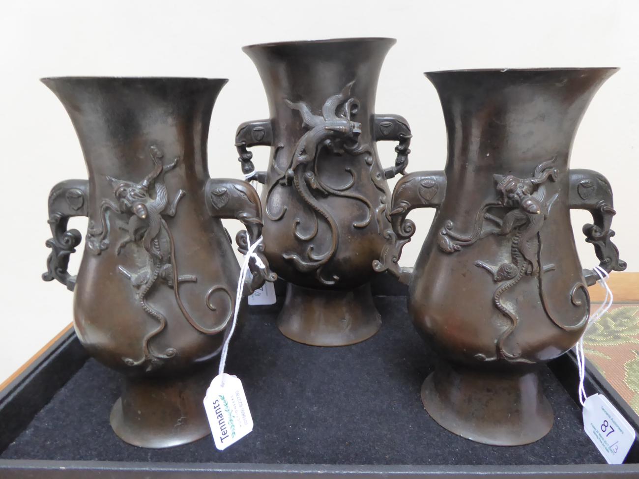 A Garniture of Three Chinese Bronze Vases, bears Xuande reign mark, of flattened baluster form - Image 11 of 11