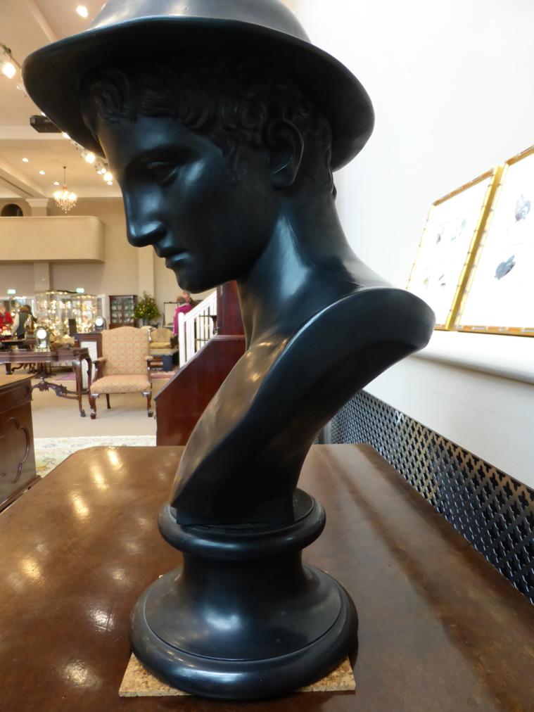 A Wedgwood Black Basalt Library Bust of Hermes, 1875, on a circular socle, impressed marks, 47cm - Image 3 of 7