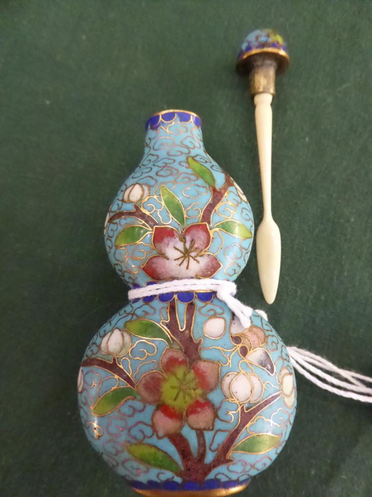 A Chinese Cloisonné Enamel Snuff Bottle and Stopper, Qing Dynasty, of double gourd shape decorated - Image 3 of 7