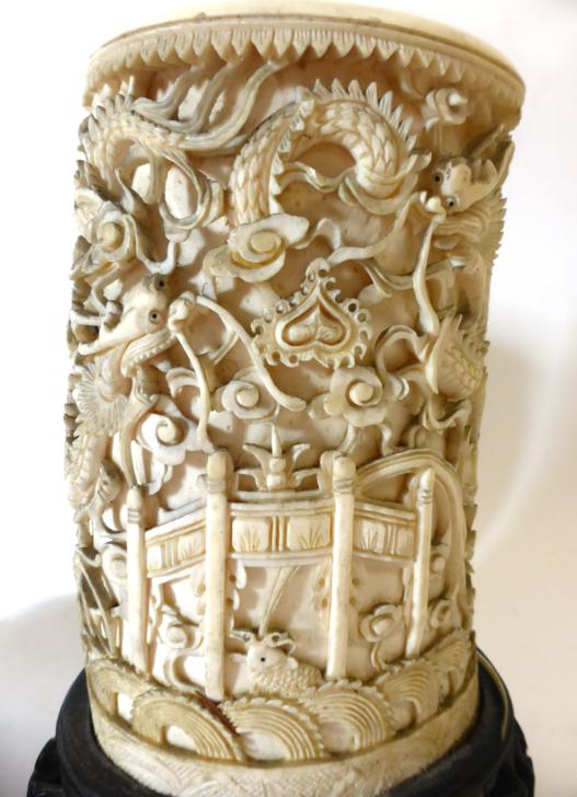A Pair of Chinese Ivory Tusk Vases, mid 19th century, carved with dragons above a pagoda, on - Image 4 of 14