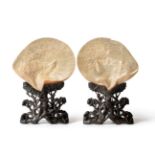 A Pair of Chinese Carved Mother-of-Pearl Shells, 19th century, each carved with figures amongst