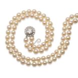 A Cultured Pearl Necklace with A Diamond Set Clasp, the double strand of 45:46 unifrom cultured