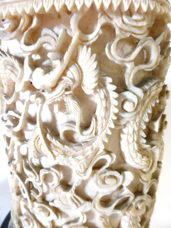 A Pair of Chinese Ivory Tusk Vases, mid 19th century, carved with dragons above a pagoda, on - Image 2 of 14
