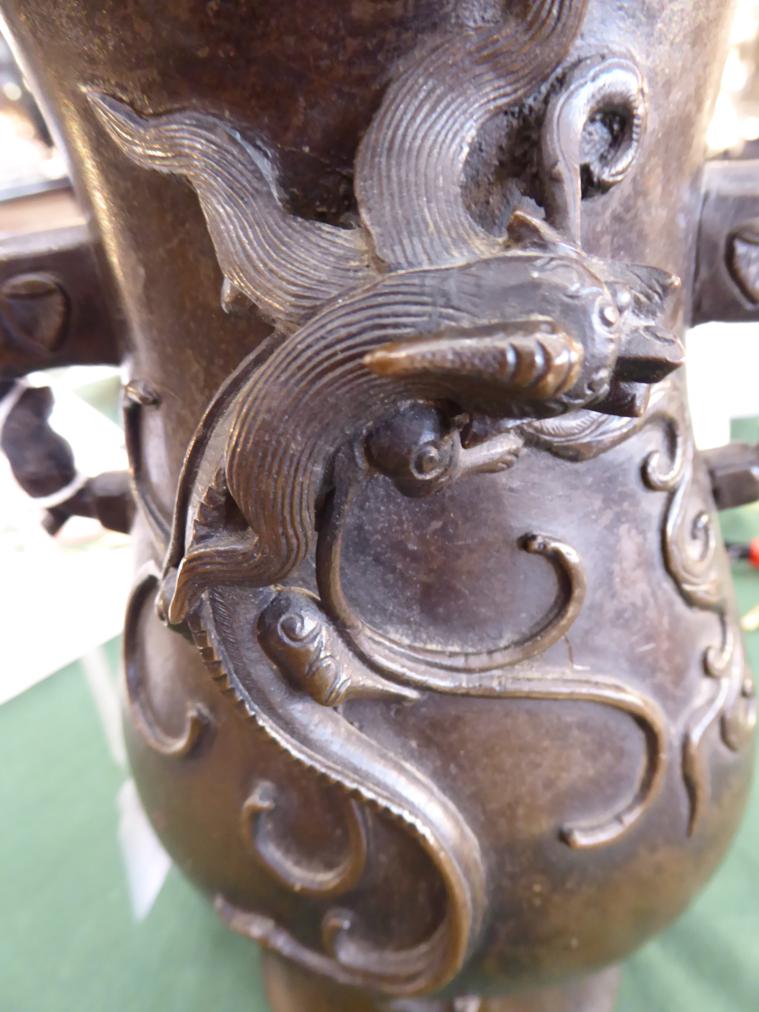 A Garniture of Three Chinese Bronze Vases, bears Xuande reign mark, of flattened baluster form - Image 5 of 11