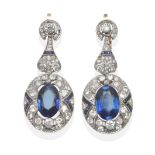 A Pair of Art Deco Synthetic Sapphire and Diamond Drop Earrings, an old cut diamond stud within a