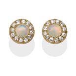 A Pair of Opal and Diamond Cluster Stud Earrings, a round cabochon opal within a border of old cut