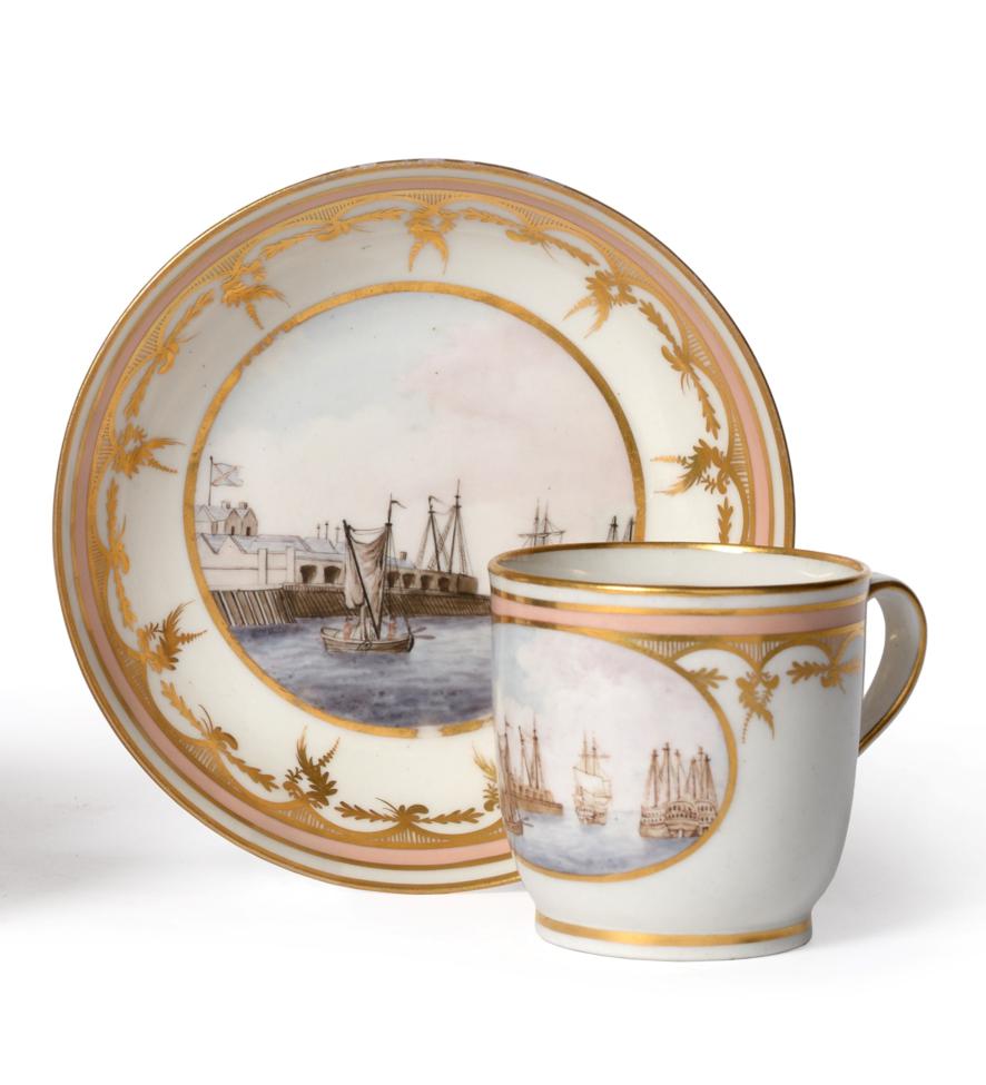 A New Hall Porcelain Coffee Cup and Saucer, circa 1795, painted with views of Chatham Docks,