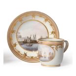 A New Hall Porcelain Coffee Cup and Saucer, circa 1795, painted with views of Chatham Docks,