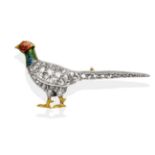 A Victorian Diamond and Enamel Pheasant Brooch, realistically modelled in a standing pose and pavé