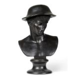 A Wedgwood Black Basalt Library Bust of Hermes, 1875, on a circular socle, impressed marks, 47cm