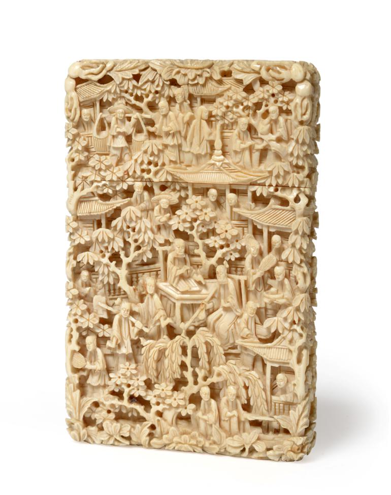 A Cantonese Ivory Card Case, mid 19th century, of rectangular form carved with figures amongst trees