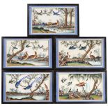 A Set of Five Chinese Pith Paintings, 19th century, depicting birds in landscape, 18cm by 29.5cm See