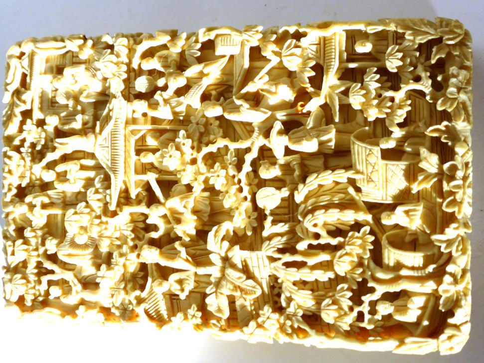 A Cantonese Ivory Card Case, mid 19th century, of rectangular form carved with figures amongst trees - Image 2 of 7