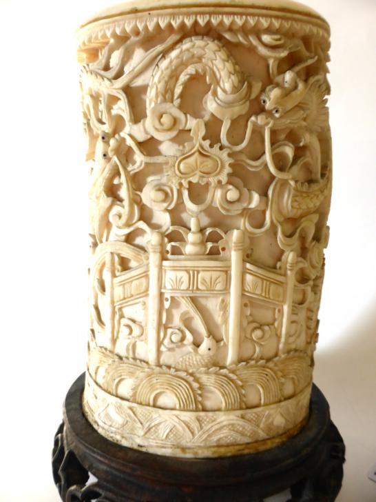 A Pair of Chinese Ivory Tusk Vases, mid 19th century, carved with dragons above a pagoda, on - Image 3 of 14