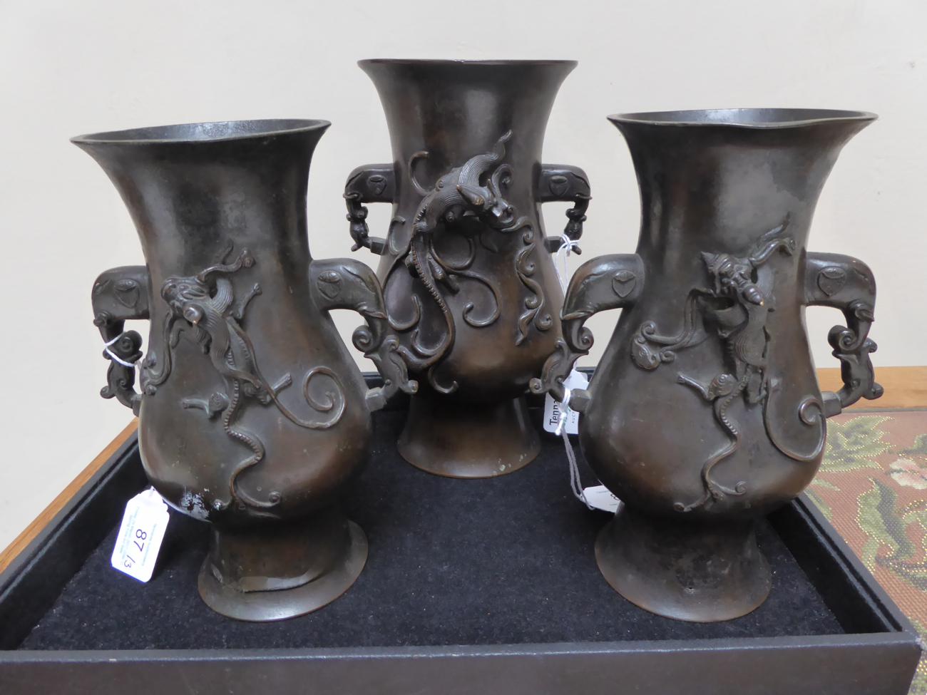 A Garniture of Three Chinese Bronze Vases, bears Xuande reign mark, of flattened baluster form - Image 9 of 11