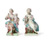 A Pair of Derby Porcelain Figures, circa 1770, as a seated boy and girl, she with a dog, he with a