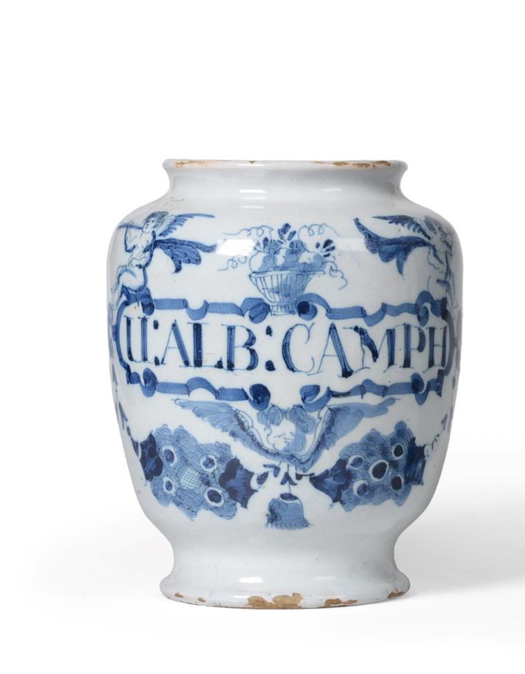 An English Delft Drug Jar, possibly London, circa 1720, inscribed in blue U:ALB:CAMPH within a