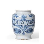 An English Delft Drug Jar, possibly London, circa 1720, inscribed in blue U:ALB:CAMPH within a