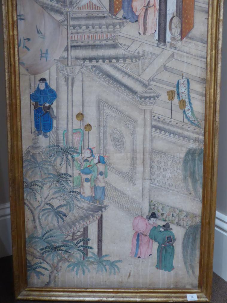 A Chinese Watercolour, 19th century, depicting courtly figures in buildings and amongst trees, 196cm - Image 3 of 6