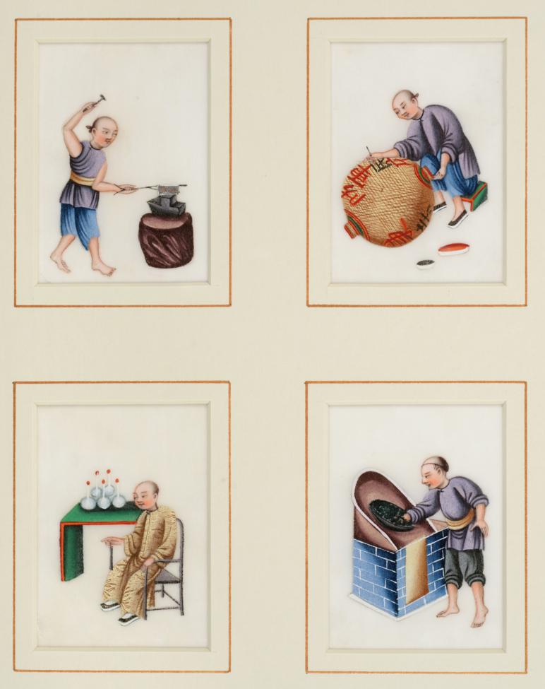 A Set of Eleven Chinese Pith Paintings, 19th century, depicting craftsmen at various pursuits, 7.5cm