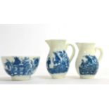 A Pair of Caughley Porcelain Miniature Sparrowbeak Jugs, circa 1785, printed in underglaze blue with