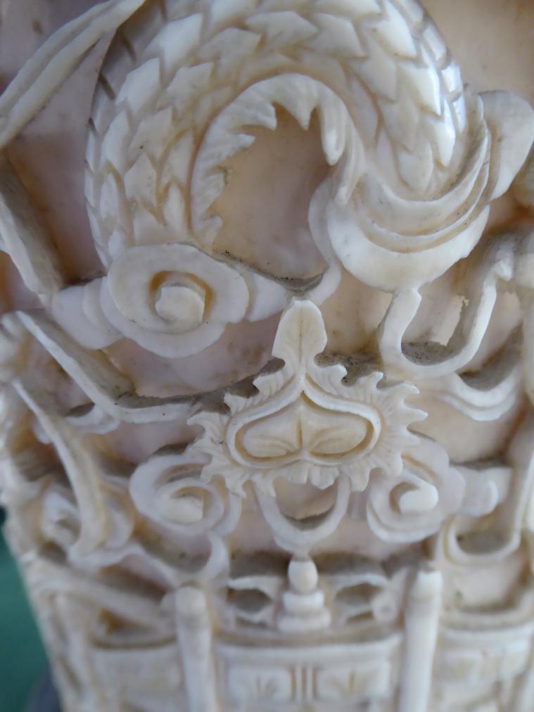 A Pair of Chinese Ivory Tusk Vases, mid 19th century, carved with dragons above a pagoda, on - Image 13 of 14