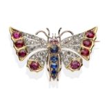 A Victorian Diamond, Ruby and Sapphire Butterfly Brooch, the wings set throughout with rose cut