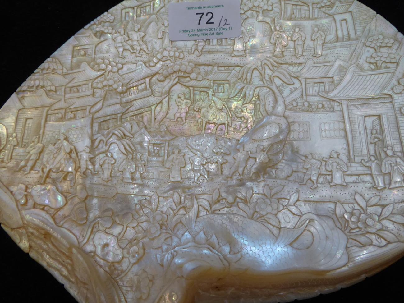 A Pair of Chinese Carved Mother-of-Pearl Shells, 19th century, each carved with figures amongst - Image 2 of 8