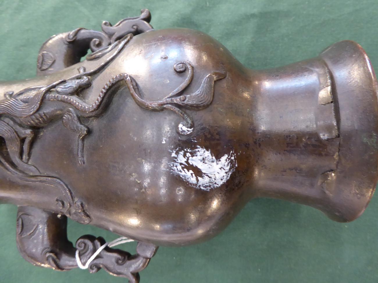 A Garniture of Three Chinese Bronze Vases, bears Xuande reign mark, of flattened baluster form - Image 6 of 11