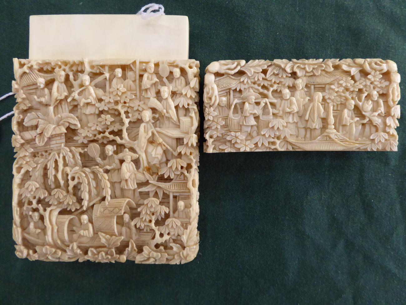 A Cantonese Ivory Card Case, mid 19th century, of rectangular form carved with figures amongst trees - Image 4 of 7