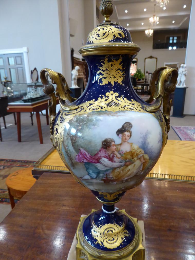 A Pair of Gilt Metal Mounted Sèvres Style Vases and Covers, 19th century, of baluster form with pine - Image 9 of 13