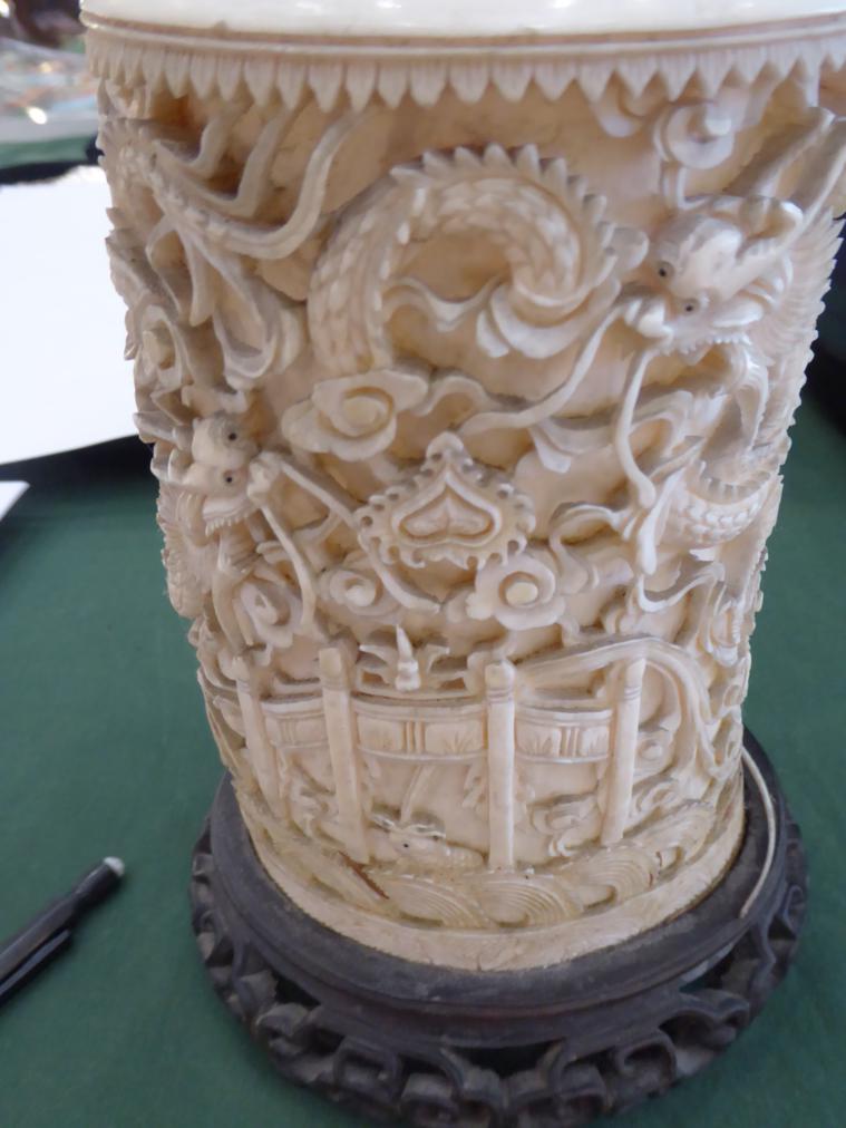 A Pair of Chinese Ivory Tusk Vases, mid 19th century, carved with dragons above a pagoda, on - Image 7 of 14