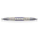 An Art Deco Diamond and Sapphire Brooch, a bar of graduated old cut diamonds, in white milgrain