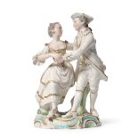 A Derby Porcelain Figure Group, circa 1775, as a lady and gentleman dancing, on a scroll mounted