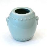 A Chinese Celadon Glazed Barrel Shaped Vase, with mask and loop handles, bears six character