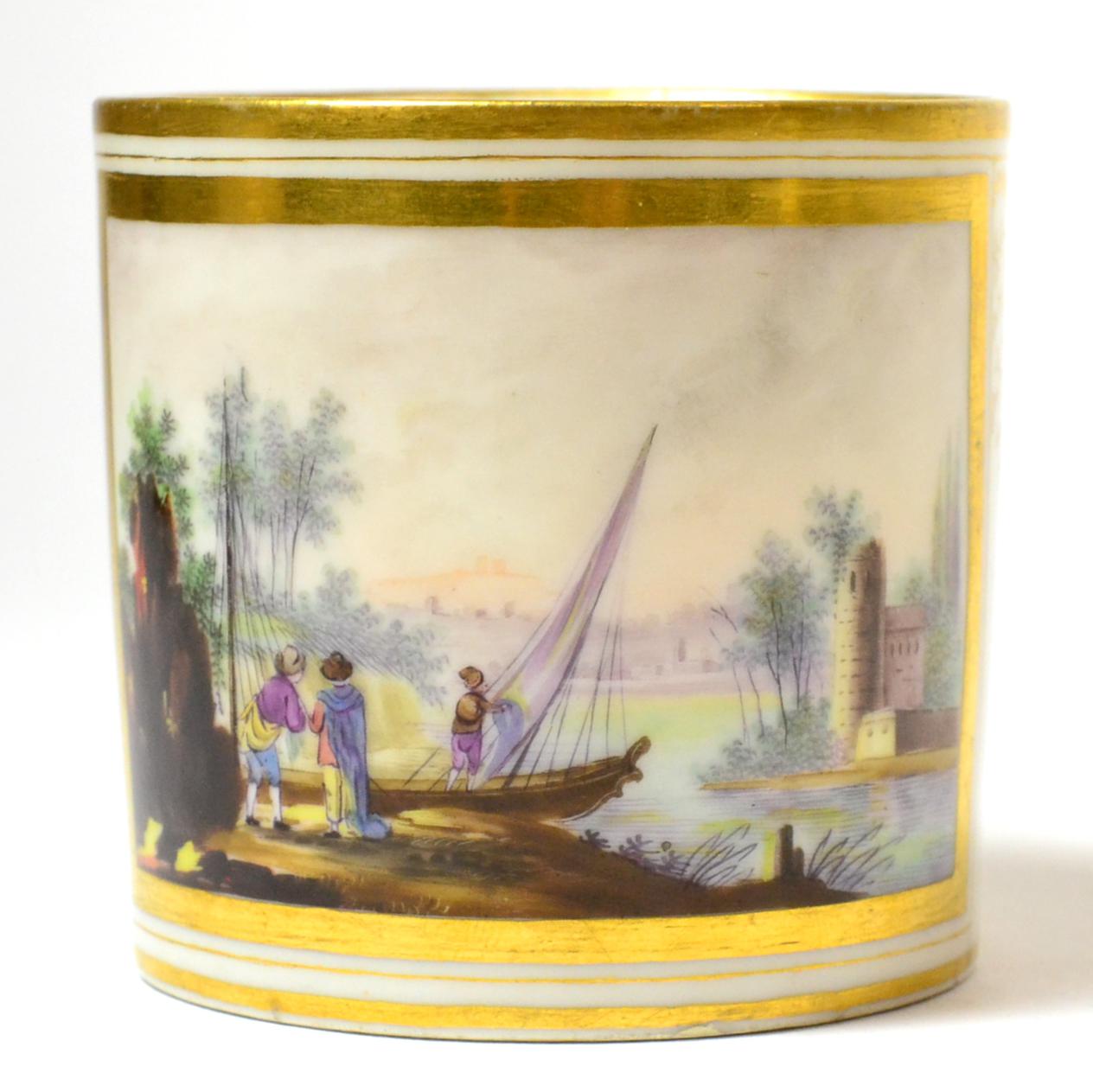 A Paris Porcelain Coffee Can and Saucer, circa 1790, painted with river landscapes, within gilt - Image 2 of 12