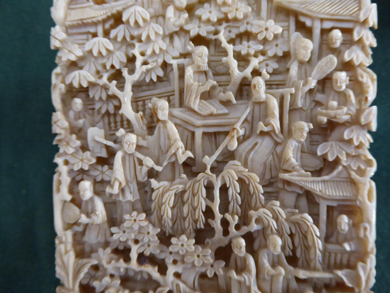 A Cantonese Ivory Card Case, mid 19th century, of rectangular form carved with figures amongst trees - Image 5 of 7