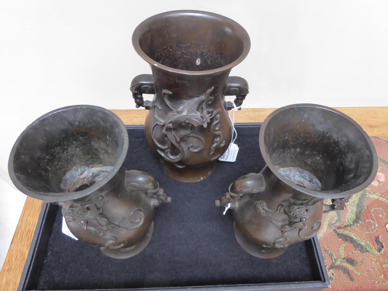 A Garniture of Three Chinese Bronze Vases, bears Xuande reign mark, of flattened baluster form - Image 10 of 11