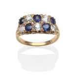 A Sapphire and Diamond Two Row Ring, round cut sapphires alternate with old cut diamonds and