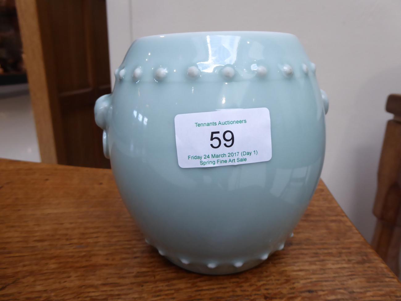 A Chinese Celadon Glazed Barrel Shaped Vase, with mask and loop handles, bears six character - Bild 6 aus 6