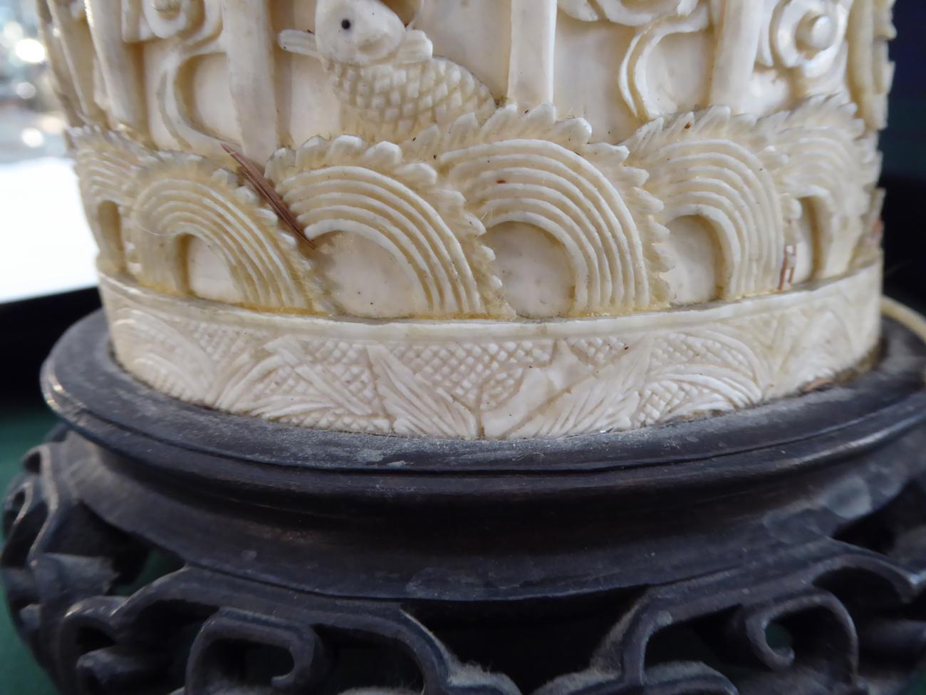 A Pair of Chinese Ivory Tusk Vases, mid 19th century, carved with dragons above a pagoda, on - Image 6 of 14