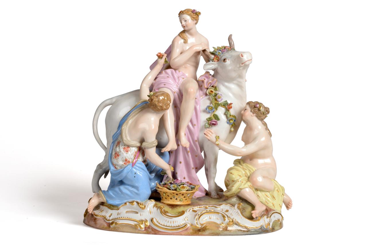 A Meissen Porcelain Figure Group of Europa and the Bull, circa 1870, after the model by J J