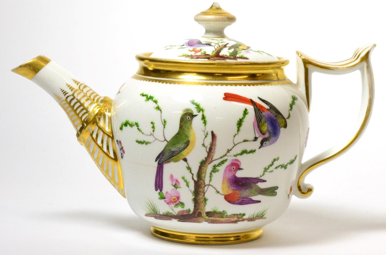 A Bloor Derby Porcelain Teapot and Cover, circa 1835, of ovoid form, painted with birds in branches,