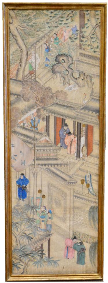 A Chinese Watercolour, 19th century, depicting courtly figures in buildings and amongst trees, 196cm