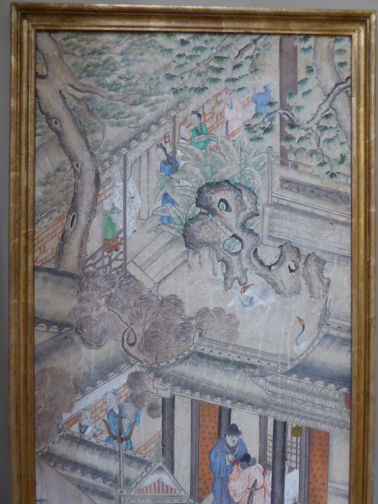 A Chinese Watercolour, 19th century, depicting courtly figures in buildings and amongst trees, 196cm - Image 2 of 6