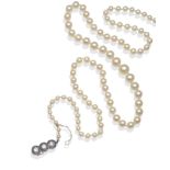 A Cultured Pearl Necklace, with a Sapphire and Diamond Set Clasp, the graduated pearls knotted to