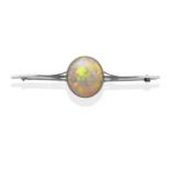 An Opal Bar Brooch, an oval cabochon opal in a white milgrain setting, to a forked bar, measures 2cm
