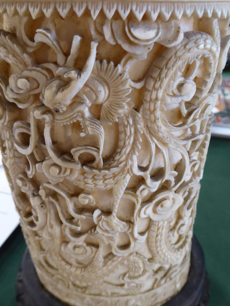 A Pair of Chinese Ivory Tusk Vases, mid 19th century, carved with dragons above a pagoda, on - Image 11 of 14