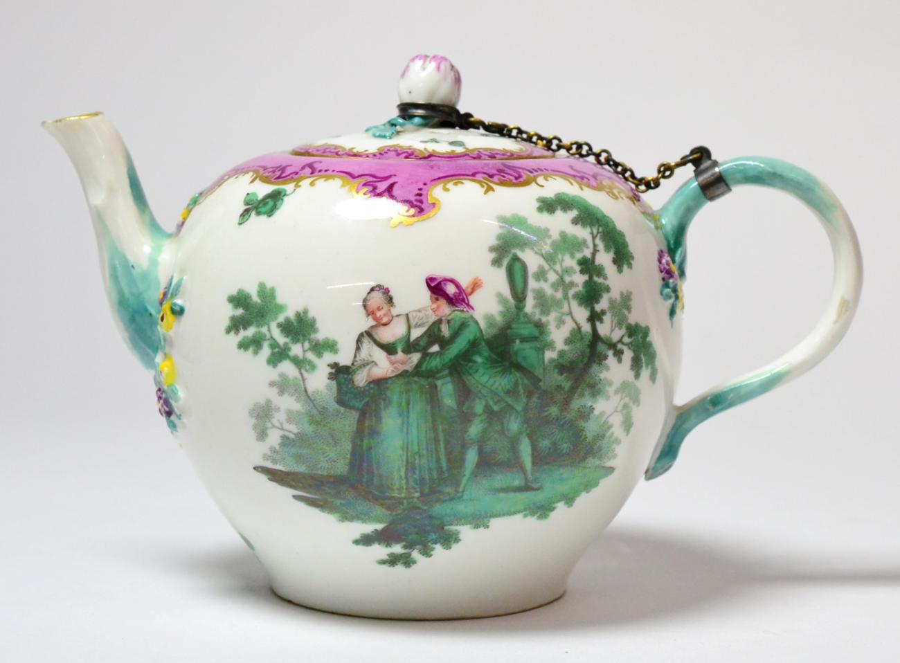 An Academic Period Meissen Porcelain Teapot and Cover, circa 1765, of ovoid form, painted in green